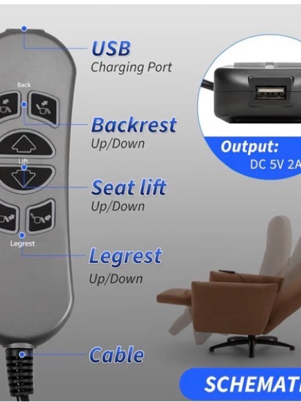 Universal Lift Chair Hand Control Remote with Cable for Catnapper 5 prong